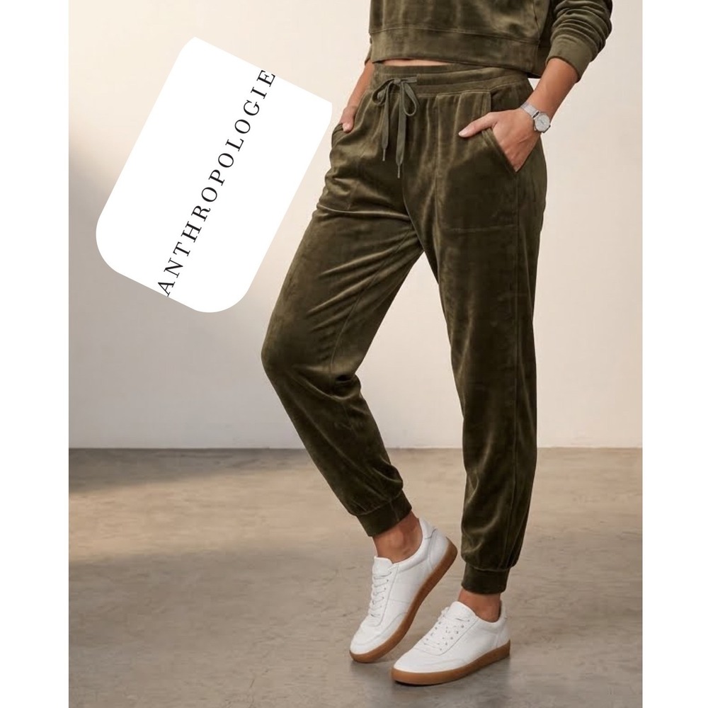 Saturday Sunday Anthropologie Olive Green Velour Joggers XS Drawstring Velvet
